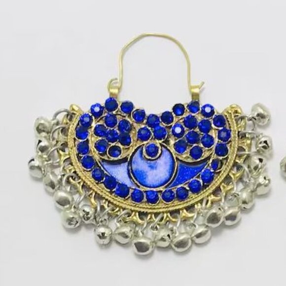 Jewelry - Blue Glass Stone Chandbali Earrings: Silver Kuchi Tribal Bell Hoops